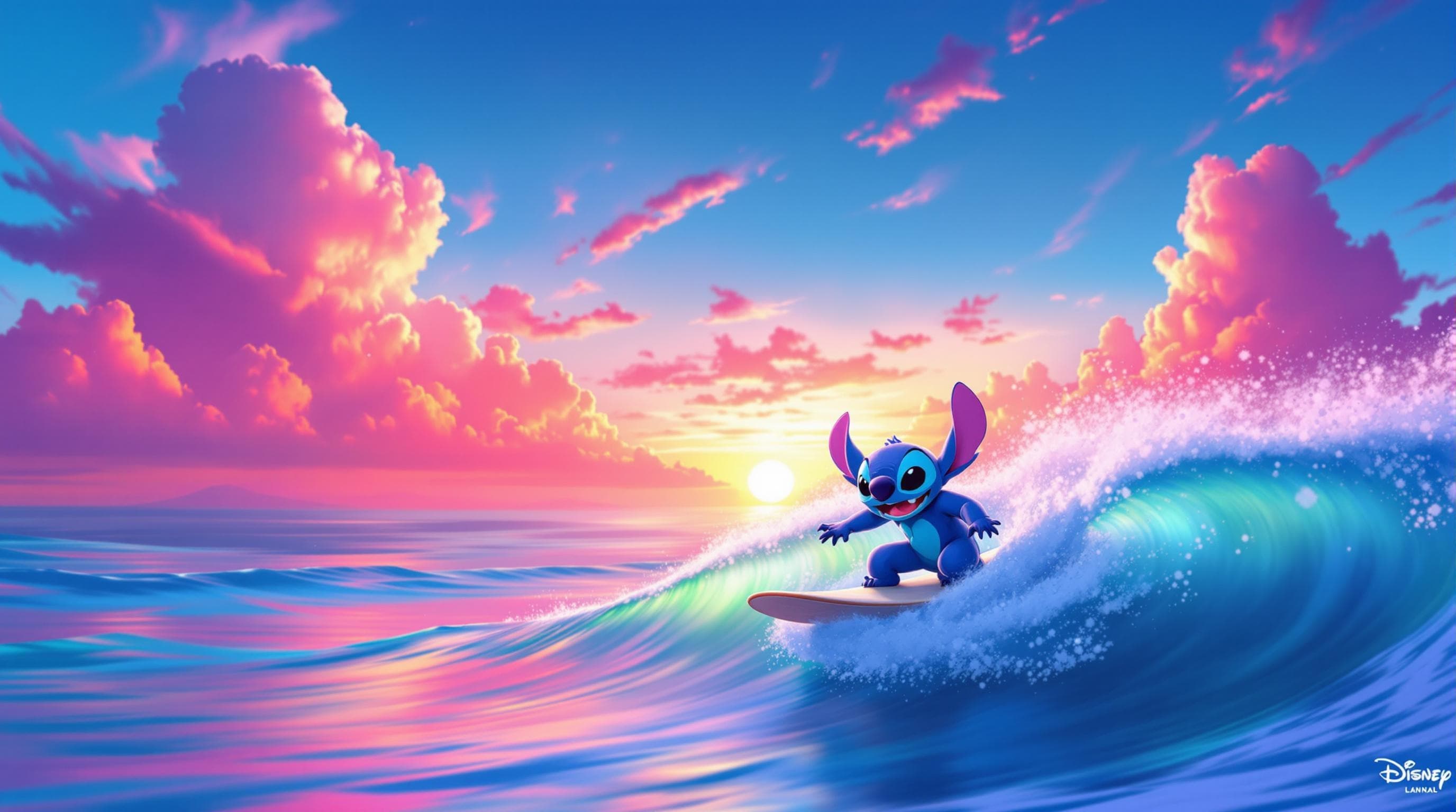 Stitch Surfing at Sunset